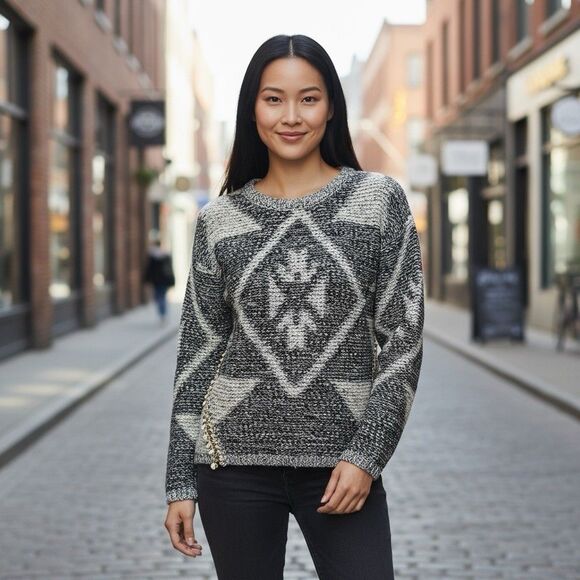 Kadence Sweater Womens L Black White Diamond Pattern Boho Chic Classic Academia - Picture 1 of 16